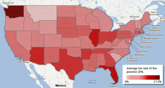 ITEp data, U.S. state map showing tax rate of the poorest 20%