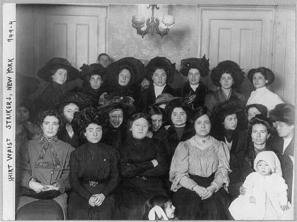 Group of mainly female shirtwaist workers on strike, in a room, New York via Library of Congress