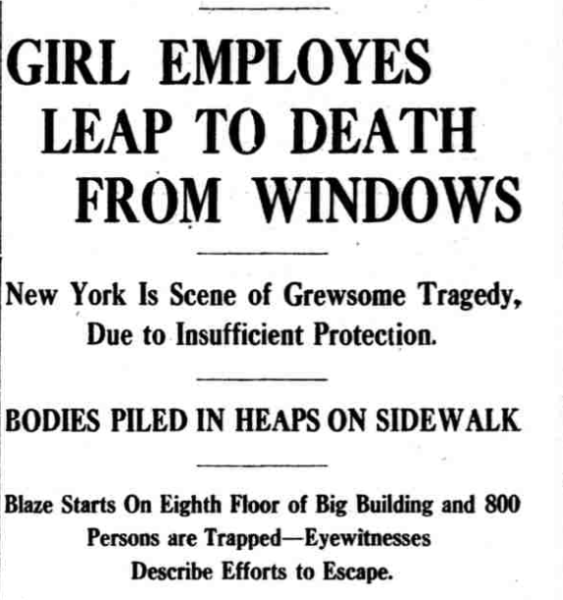 Newspaper clipping reads "Girl Employees Leap to Death from Windows"