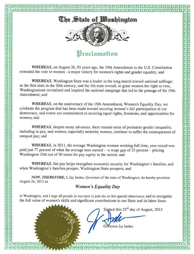 Proclamation from Gov. Inslee on Women's Equality Day