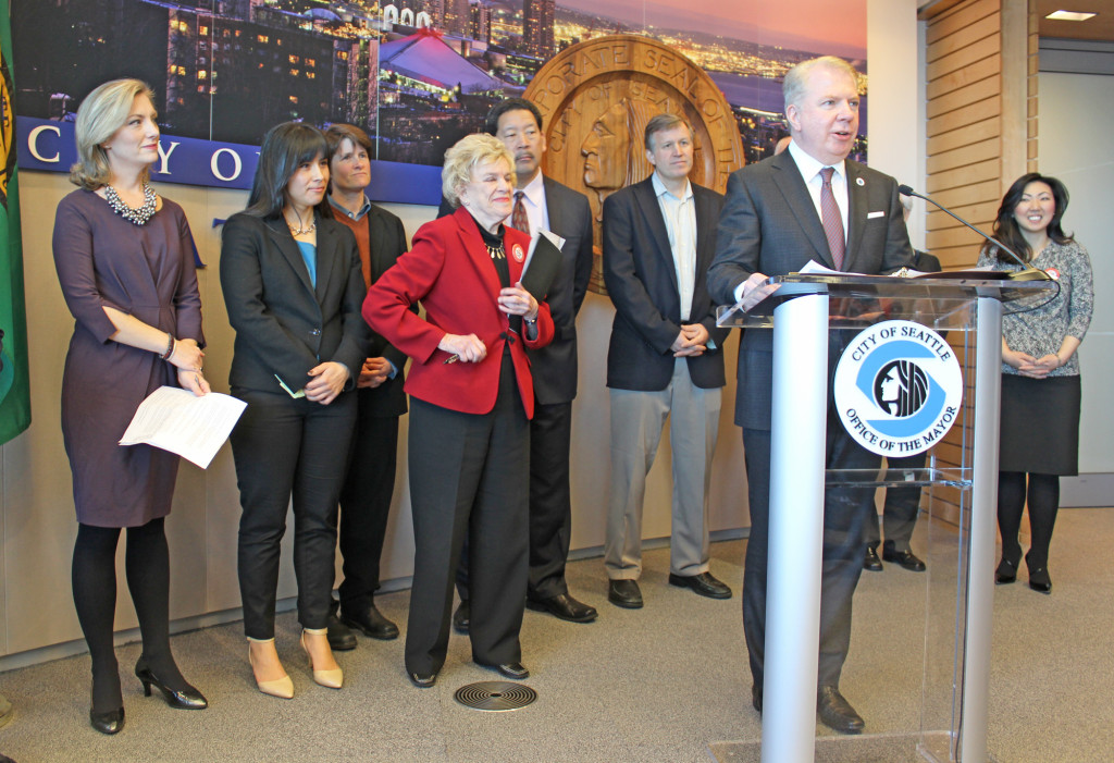 Mayor Murray and Councilmember Godden announce their proposal for paid leave. 