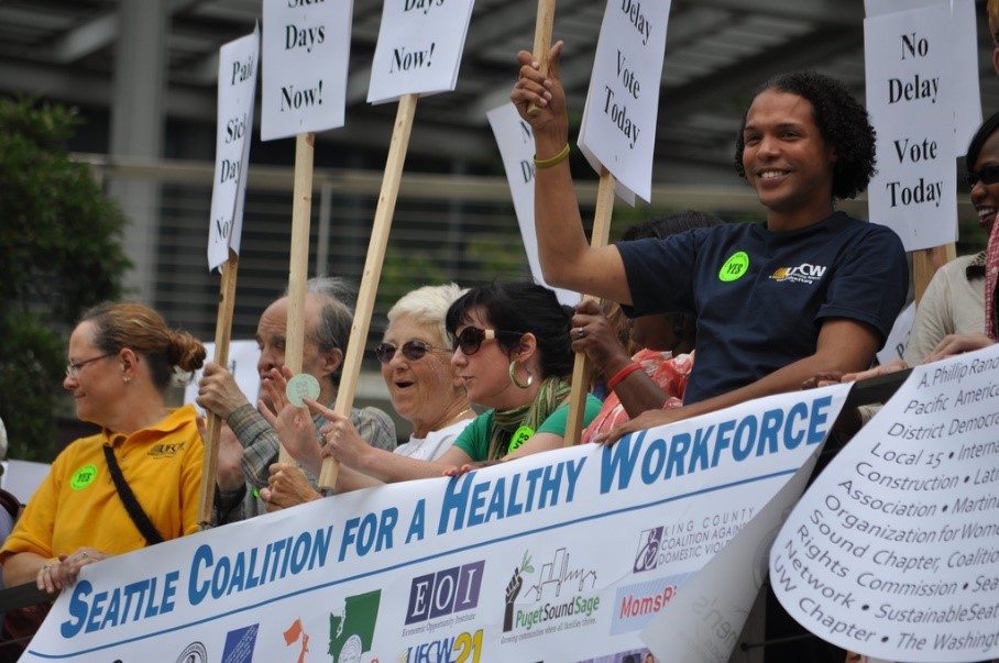 Rally outside Seattle City Hall before key City Council committee vote for paid sick and safe days, August 2011.